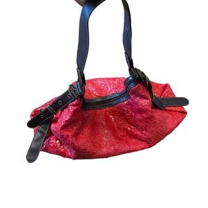 Chinese Laundry Red Crackle Textured Hobo Shoulder Bag Black Buckle Straps Mens